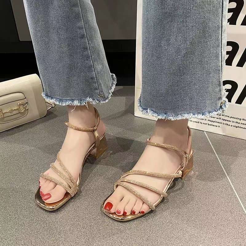 Rhinestone sandals women's thick heel 2025 new summer versatile square head fairy style with skirt high women's sandals