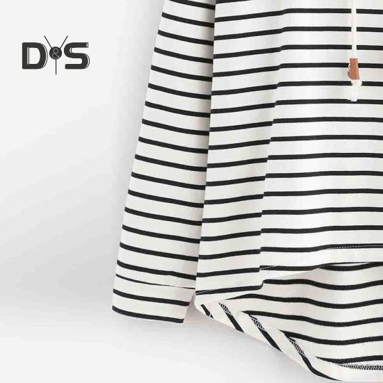 Women Autumn Hoodie Striped Print Contrast Color Drawstring Irregular Hem Long Sleeve Hooded Loose Pullover Casual Soft Lady Spring Sweatshirt
