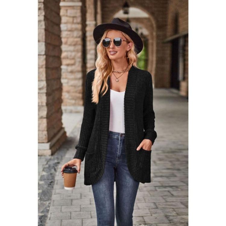 Women's Versatile Long Sleeve Cardigan Solid Color Pocket Spring Fall Clothing