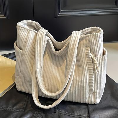 Women'S Large Capacity Corduroy Tote Bag with Multiple Compartments and Side Pockets, Zipper Closure, Fixed Shoulder Straps Casual Travel & Work Bag