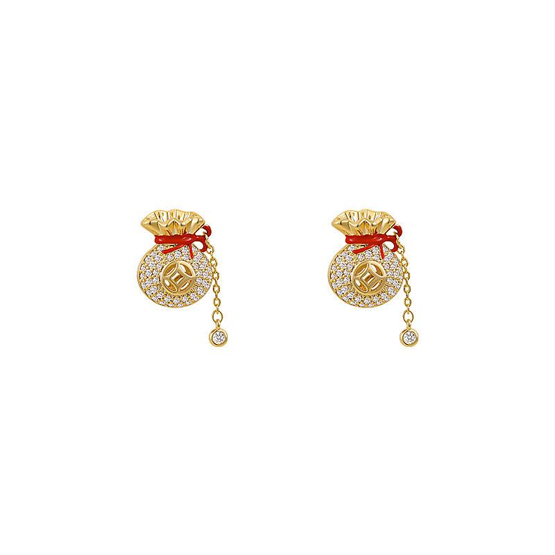 Silver Needle Diamond Inlaid Lucky Bag Earrings – Elegant, Niche Studs with a High-End Luxury Feel