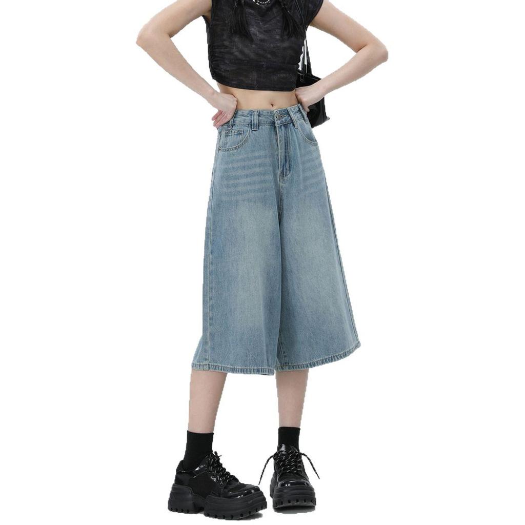 2025 Spring/Summer Women's High-Waisted Wide-Leg 7/8 Jeans - Slimming Straight-Leg, Versatile American Style