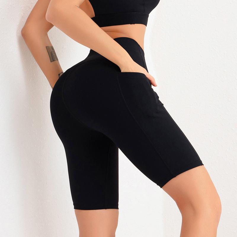 High-waisted Peach-butt Sports Yoga Shorts, Pocket Style Sports Tight Pants