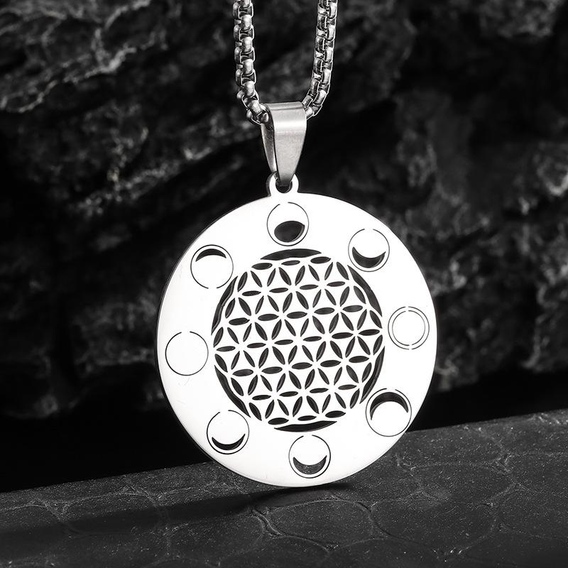 New Simple Hollow Flower of Life Mandala Moon Phase Sacred Geometric Sweater Chain Flower Necklace Jewelry