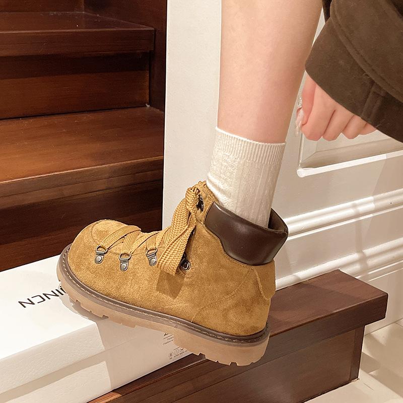 Retro Martin boots women's autumn and winter new lace-up side zipper black inner heightening short boots medium boxing boots