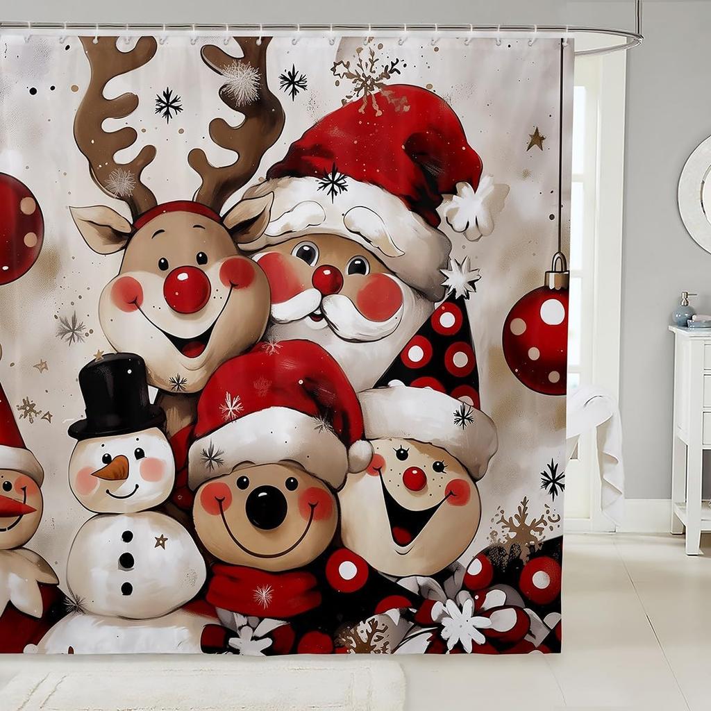 Christmas Happy Santa Claus Shower Curtain Red Xmas Decorations Fabric Shower Curtain,White Snowflake Bathroom Shower Curtain