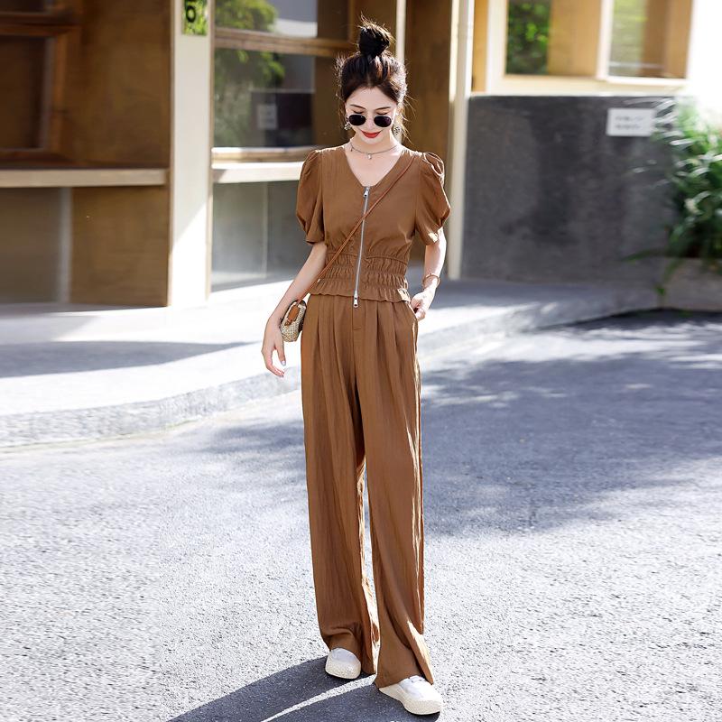 Summer 2024 Women's Two-Piece Suit: Chic Casual Tops & Wide-Leg Pants