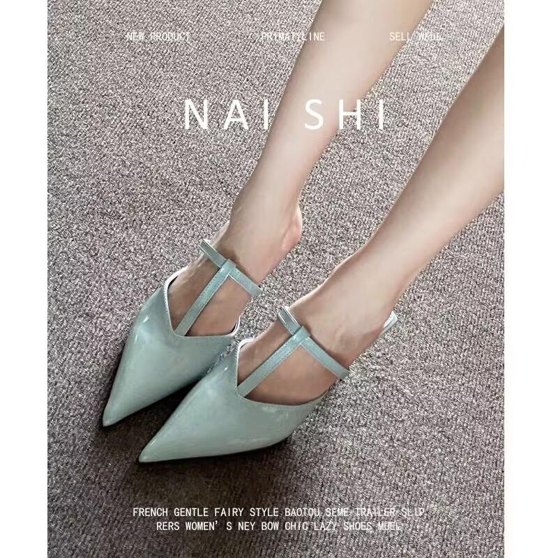 Fashion bag head half slippers women s outer wear with patent leather stiletto high heels sandals 40 светло-зеленый