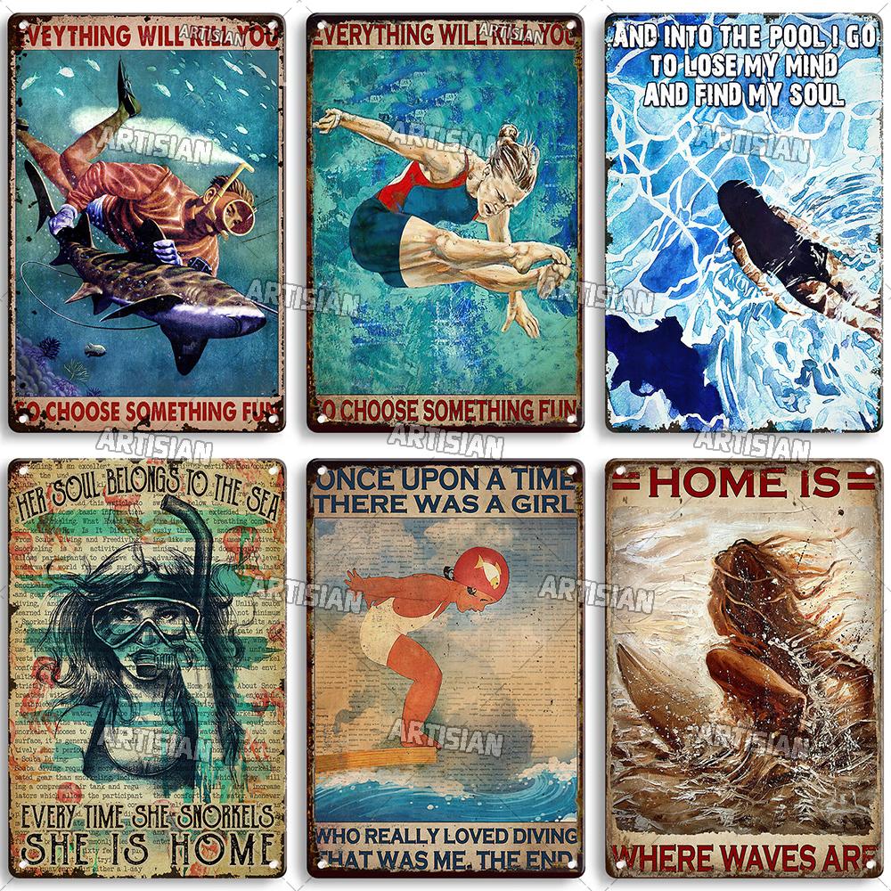 Artisian Sport Metallschild Schwimmen Blechschild Tauchen Dekoratives Poster Wanddeko Garage Bar Pub Club Hotel Café Küche Zuhause
