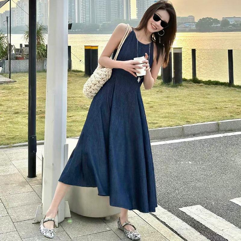 Washed Denim Waist-Defining Big Swing Long Sundress