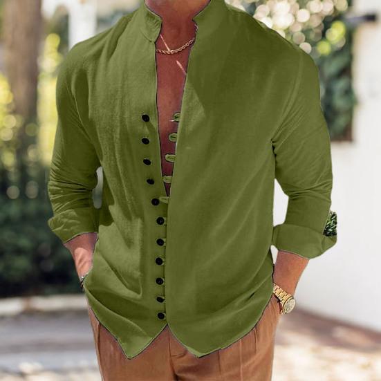 Men Summer Shirt Long Sleeve Stand Collar Single-breasted Casual Buttons Daily Wear Slim Fit Solid Color Beach Shirt Male Clothes