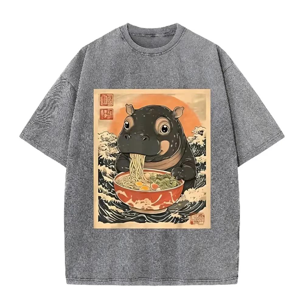 Retro Beige Cute Baby Hippo Noodle Art Acid Wash Oversized Funny Animal Streetwear Tee