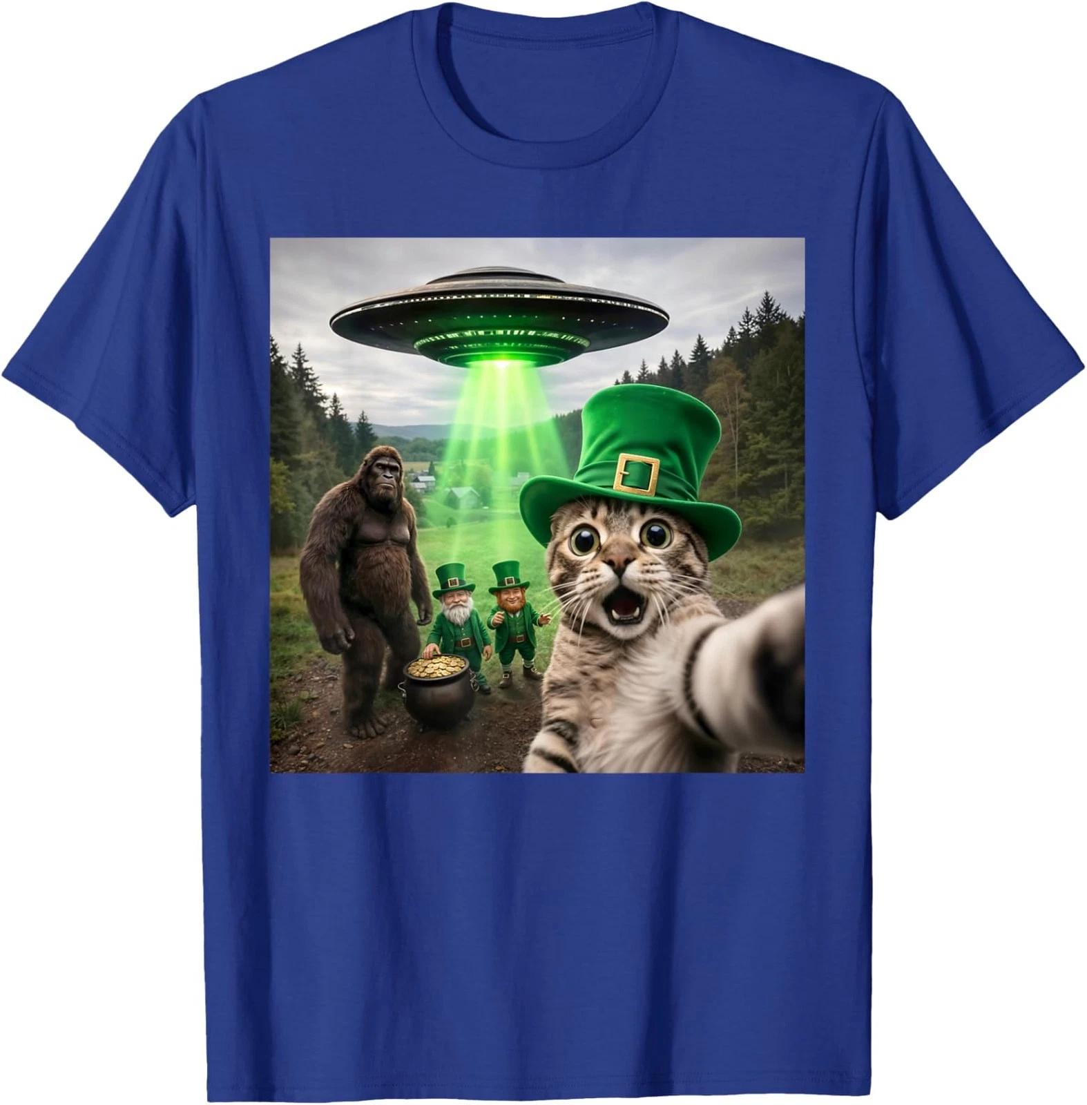 

St Patricks Cat Selfie with Leprechaun Bigfoot UFO Unisex T-Shirt 4XL