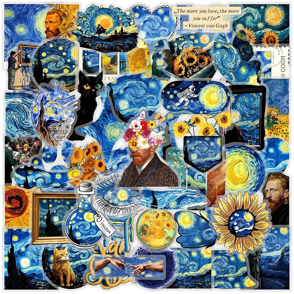 10/30/50pcs Van Gogh Sunflower Starry Sky Oil Painting Stickers Waterproof Artsy Cartoon Aesthetic Decoration Decals