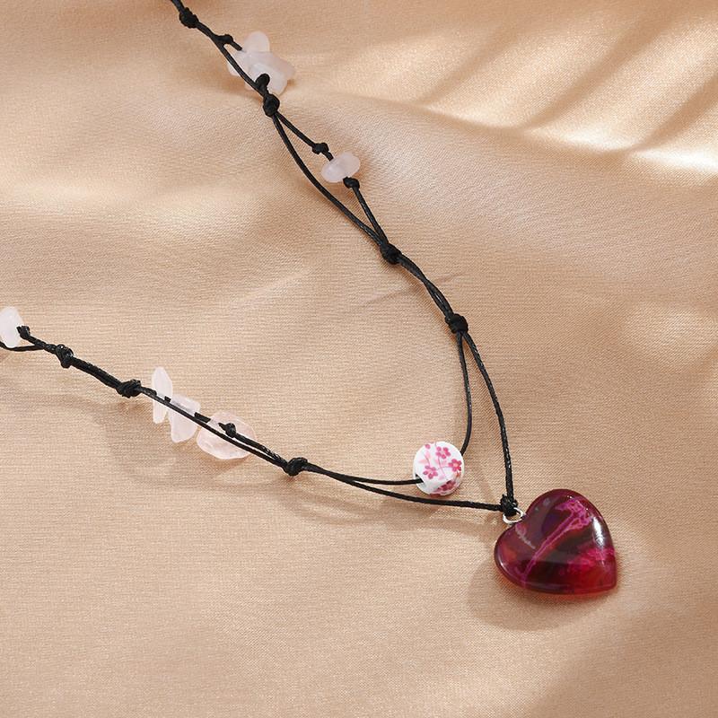 Sweetheart Trendy Style Heart Beaded Necklace Made With Sparkling Crystal Red