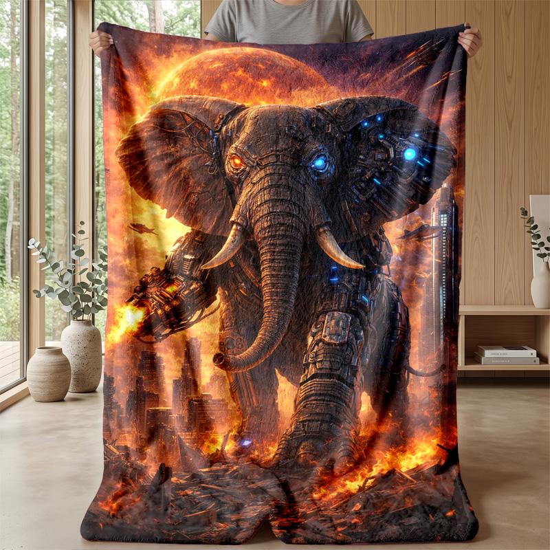 Mechanical Elephant Pair Theme Blanket Lightweight Warm Flannel Blanket Decorative Throw Blanket for Home Decoration