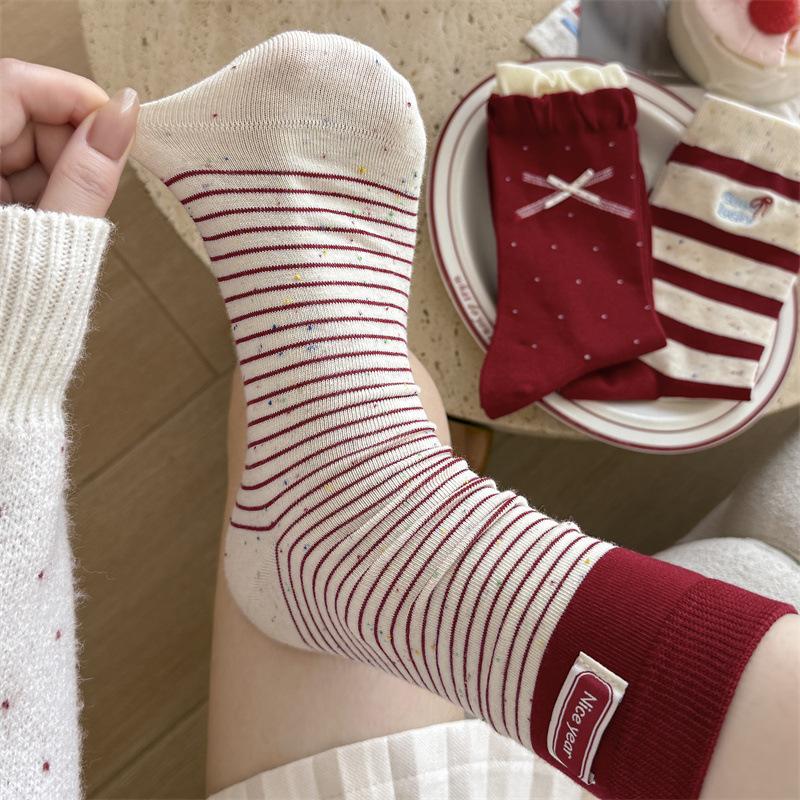 Big Red Socks, Women's Bow Polka Dot Mid-calf Socks, Wedding Red Striped Cloth Label New Year Socks, Dui Dui Socks
