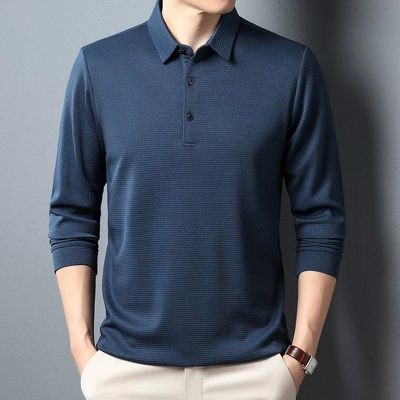 Men's Solid Color Long Sleeved Waffle Polo Shirt Long Sleeved T-shirt Polo Shirt Men