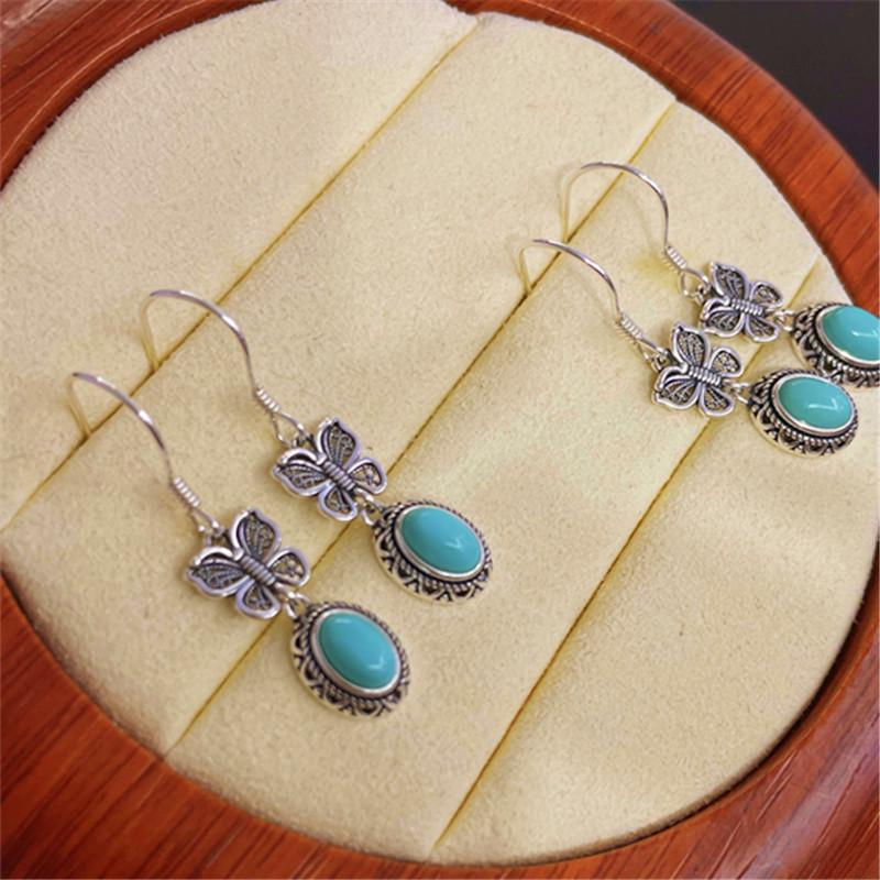 S925 Sterling Silver Natural Turquoise Retro Butterfly Earrings