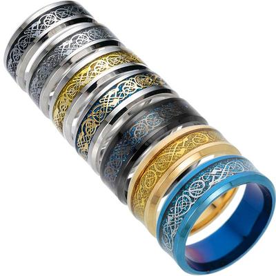Anello in Acciaio di Titanio con Motivo di Drago e Squame di Drago Intarsiate