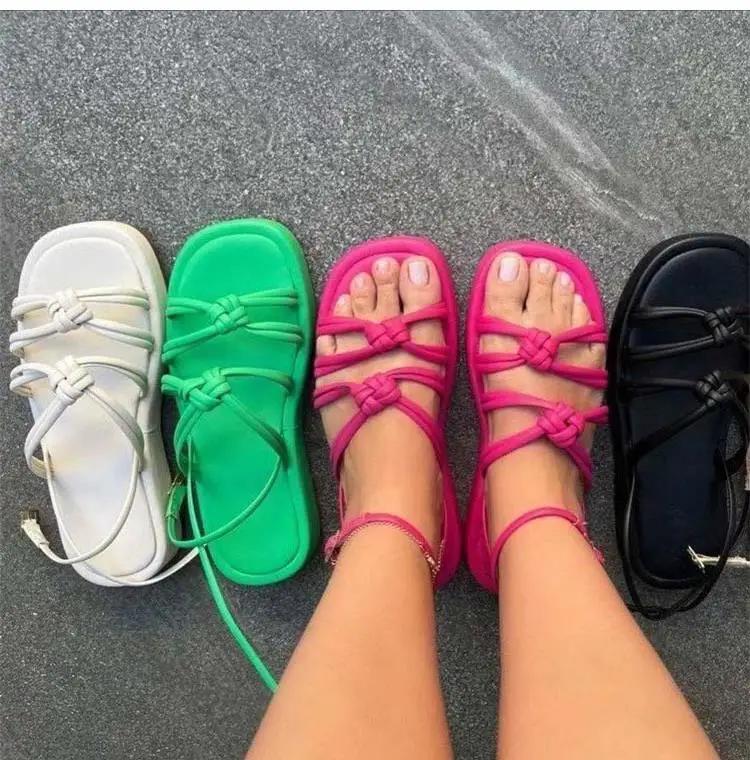 Women Sandals Bohemian Style One Line Buckle Summer Sandals Flat Heels Shoes For Women Platform Weaving Beach Sandals Footwear
