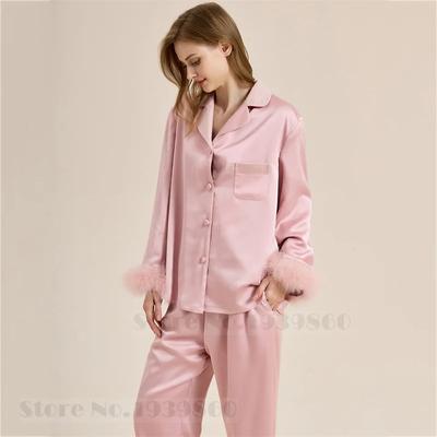 Inside Velvet Loungewear Trouser Suits Autumn Winter Female Sleepwear 2Pcs Pajamas Set Bride Wedding Feather Satin Home Wear