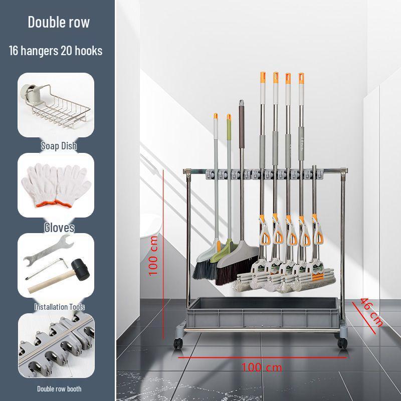 Movable Stainless Steel Mop Storage Rack with Hooks for Floor-Standing Draining in Schools and Factories