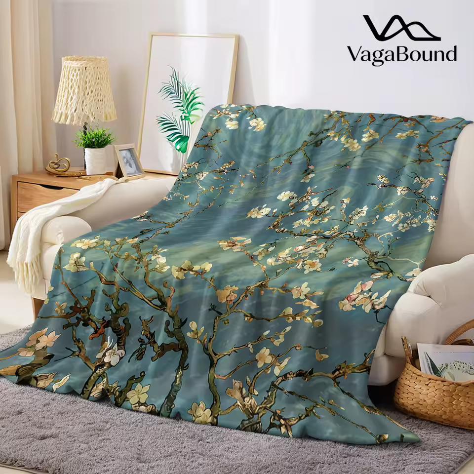 Van Gogh Almond Blossoms Flannel Blanket Warm Soft Halloween Christmas Couch Warm Cozy Decorative Decor Gift for All Season