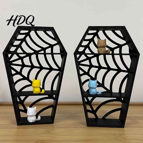 Feiertags-Ausstellungsständer Spinnennetz-Regal in Sargform, 3D-gedrucktes gotisches mehrstufiges Mini-Figurenregal, Figuren-Aufbewahrungskoffer Halloween Schwarz Hohl