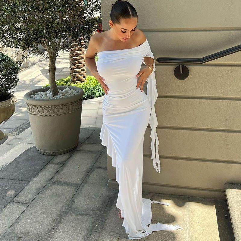 

2023 Fashion Pleated Solid Fit Dress Pure Color Silm Dress White S