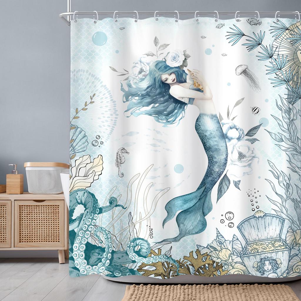 Nautical Mermaid Shower Curtain Ocean Sexy Women Fantasy Sea Mysterious Seascape Bathroom Curtain Polyester Fabric With Hooks
