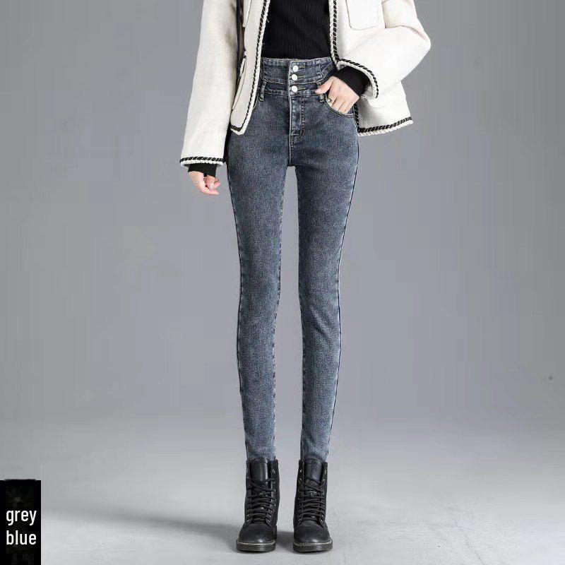 "2024 Women's High Waist Slim Fit Elastic Jeans - Versatile Plus Velvet Pencil Pants for Autumn/Winter"