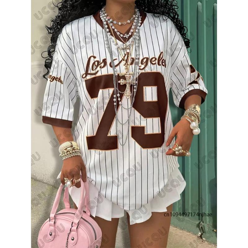 GlowGir Summer New Los Angeles 79 Print Stripe T-shirt for Women V-Neck Short Sleeve Tees Sports Football Jersey Y2K Loose Oversized Top