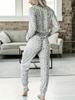 European and American Plus Size V-neck Butterfly Print Long-sleeved Top & Pants Leopard Set.