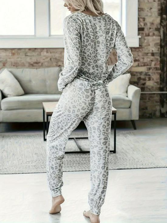 European and American Plus Size V-neck Butterfly Print Long-sleeved Top & Pants Leopard Set.