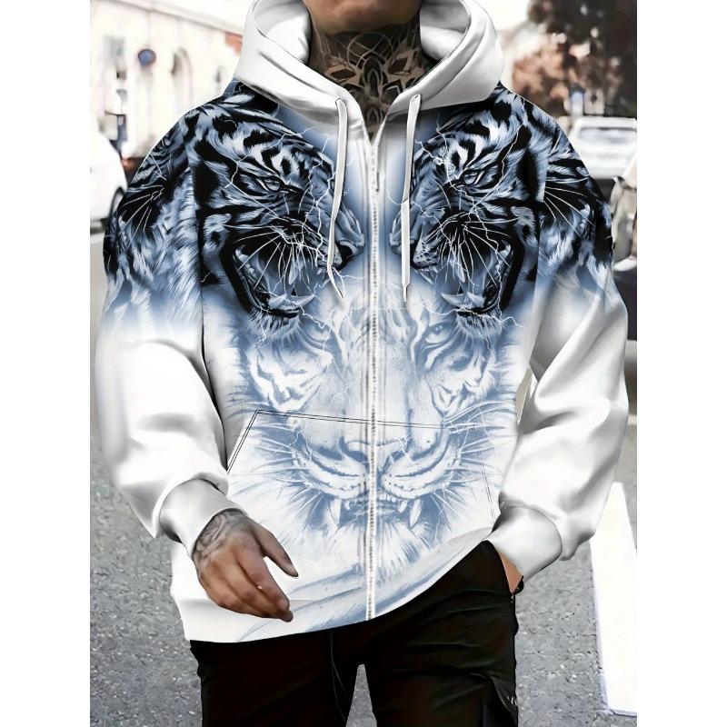 Herren Kapuzenpullover mit Reißverschluss und Tiger-Grafik, Langarm, Lässiger Outdoor-Mode-Mantel mit Kordelzug und Taschen, Reißverschluss-Kapuzenpullover für den Mann