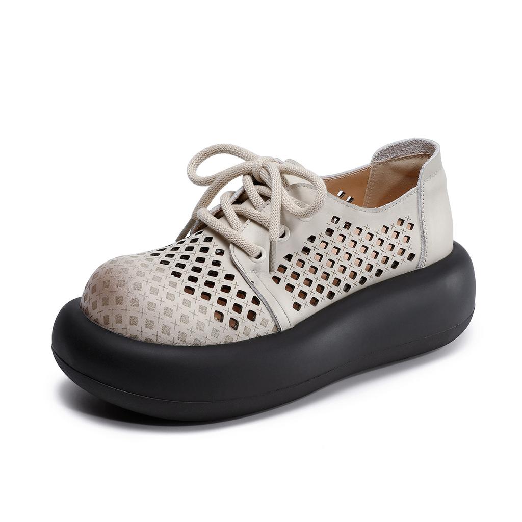 Johnature Hollow Out Thick Soled Shoes Genuine Leather Breathable Lace-up Women's Platform Sandals