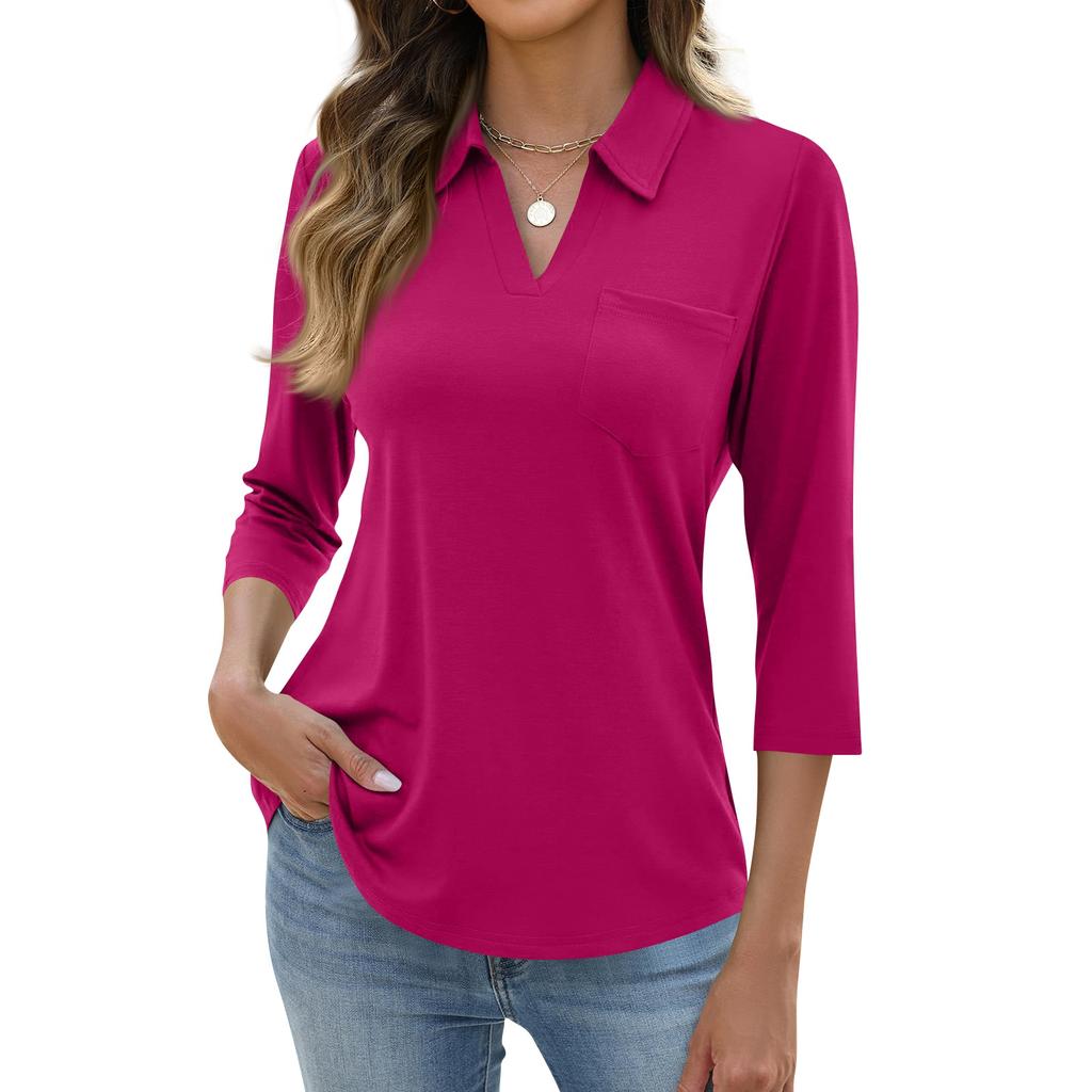 Women's Fashion Casual Lapel Short 3/4 Sleeve Color Shirt Women's Up Tops