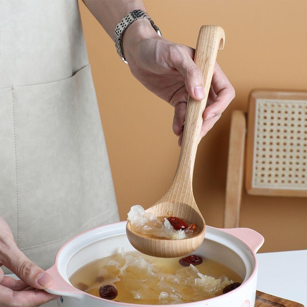 Home Wooden Heavy Duty Natural with Hanging Hook Scoop Soup Ladle Serving Spoon Tableware
