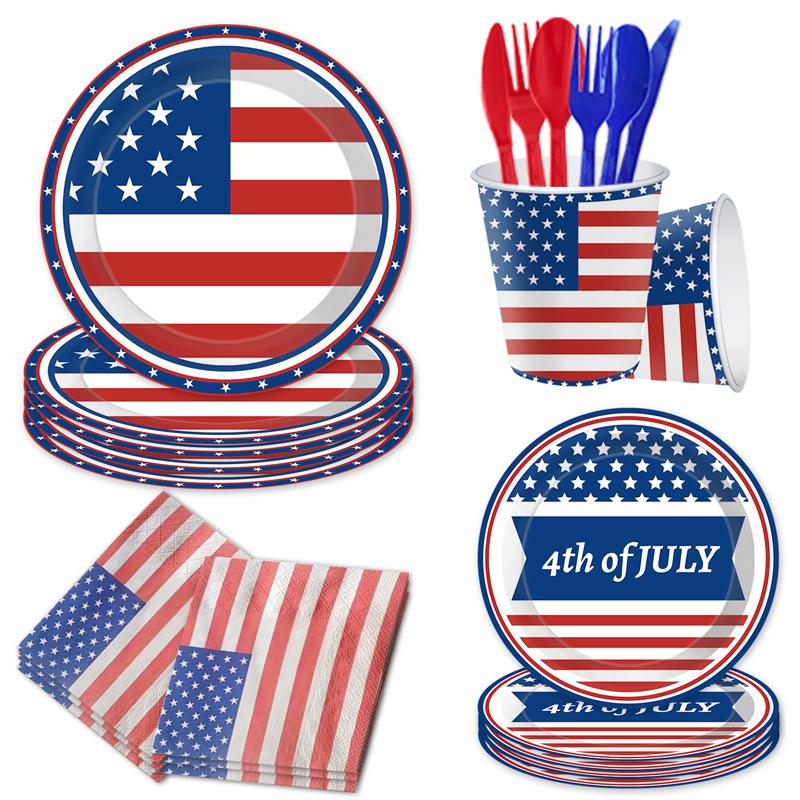 American Flag Independence Day Party Tableware Disposable Paper Plates Paper Cups Paper Towels Tablecloth Party Decoration Set