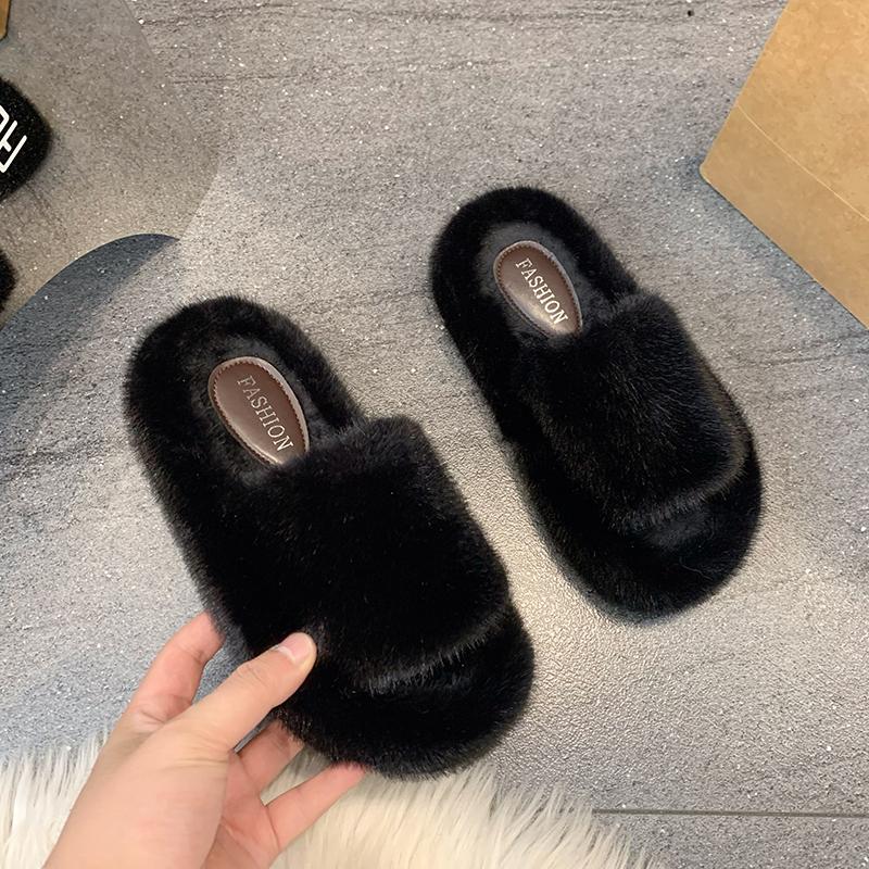 Women Fur Slippers Flats Platform Shoes Short Plush Casual Open Toe Flip Flops 2025 Winter New Slingback Slides Zapatos