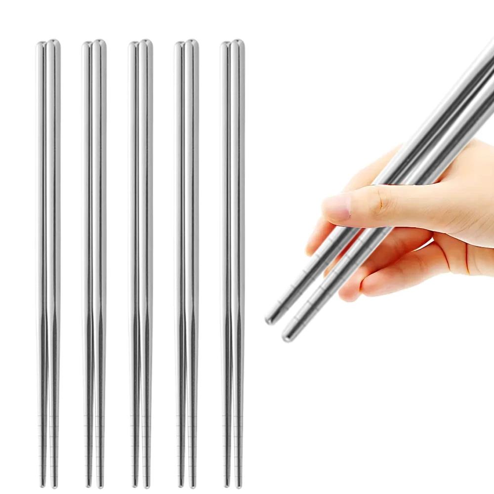 5Pairs Metal Stick Chopsticks Stainless Steel White Gold Non-slip Sushi Korean Japanese Chopstick Reusable Kitchen Tableware серебряный