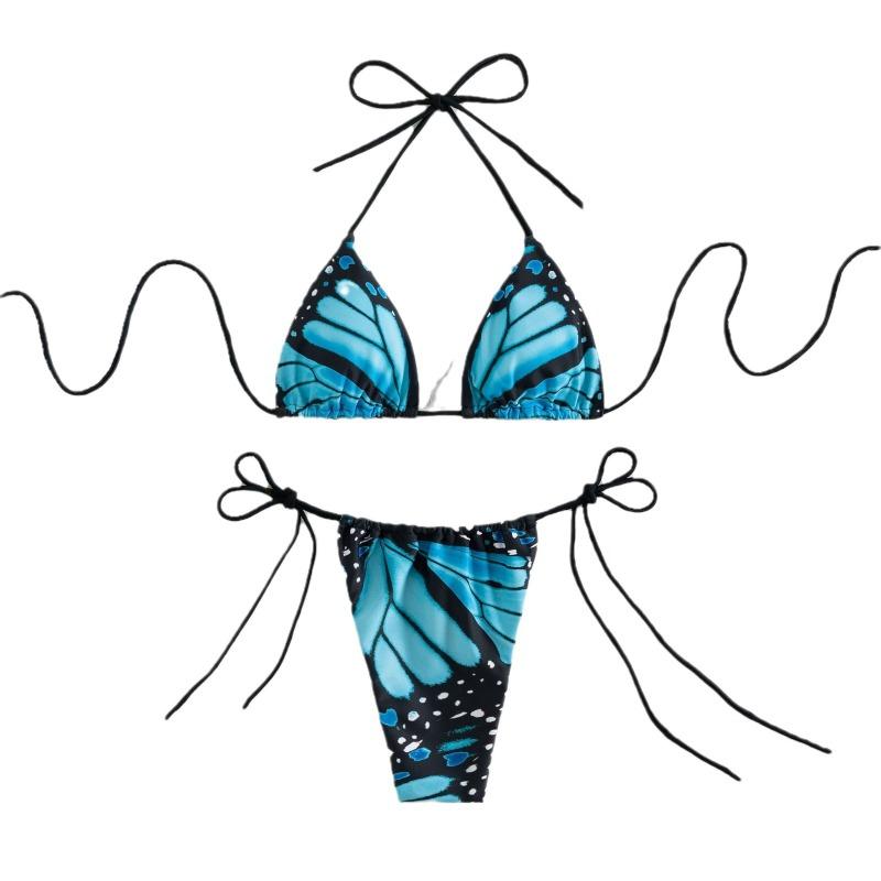 Damen Monarchfalter-Print Bikini-Set Binde-Seite Dreieck 2-teiliger Badeanzug