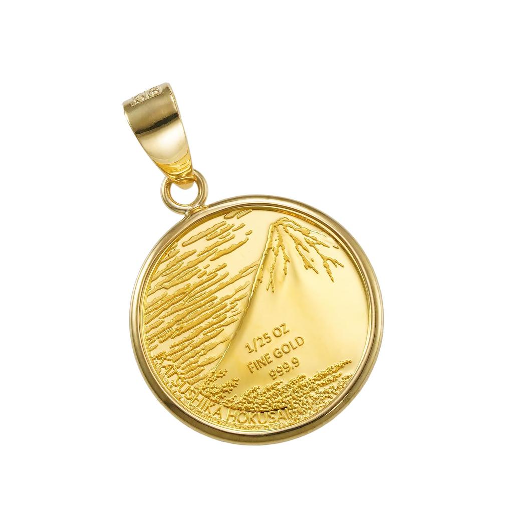 24 Karat Reingold Münzanhänger Katsushika Ansichten des Roten Berges 18 Karat Einfach Graviert [SPERANZA] Oberteil, Hokusai, Sechsunddreißig Ansichten des Fuji, Fuji, Ukiyo-e, 1/25 Unze, Fassung,