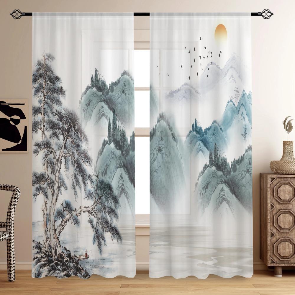 2pcs, Chinese Mountain Lnk Painting Print Curtain,Rod Pocket Mount,Polyester Material For Living Room Bedroom Kitchen Free Ship
