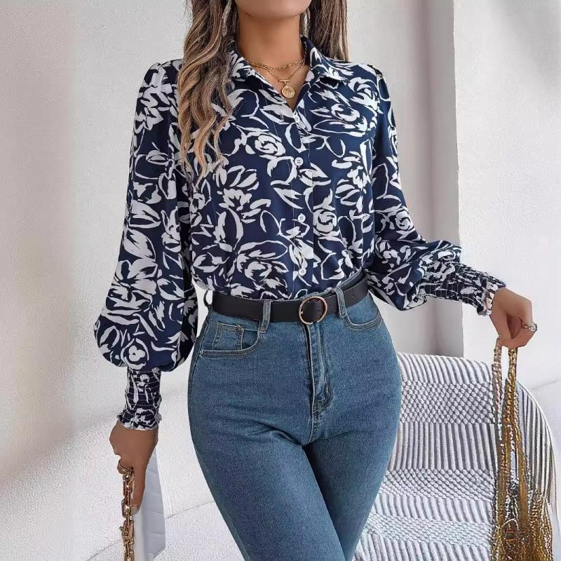 2026 Spring/Summer Elegant Contrast Color Floral Lantern Sleeve Turn-down Collar Shirt Casual Breathable Women's Top