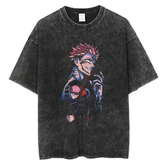 Parentchild Fashion Anime Comfortable Tshirt Jujutsu Kaisen Washed Tee Vintage Oversized Anime Graphic Men Casual Tops