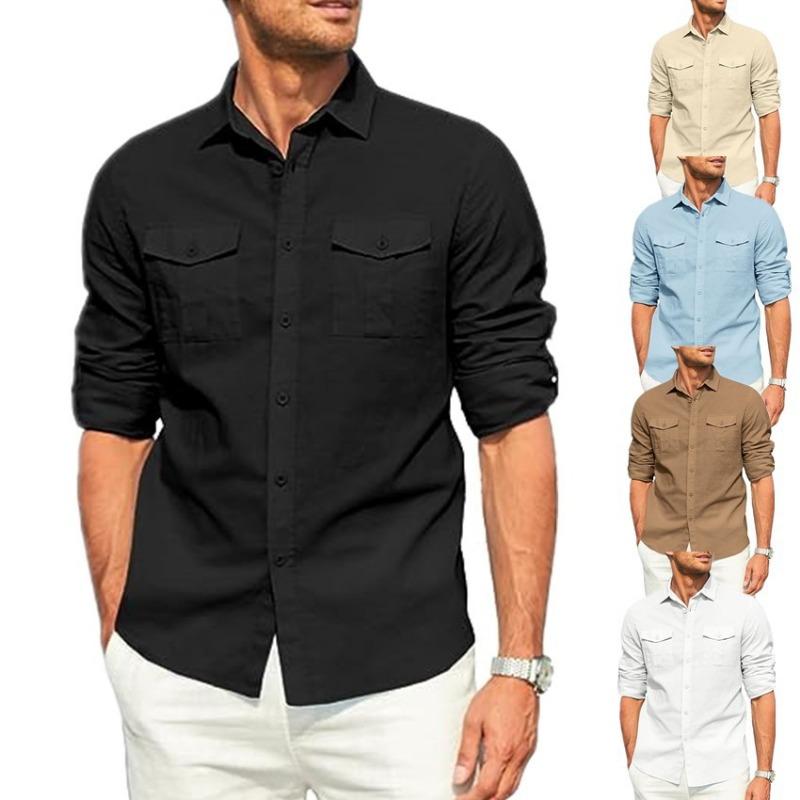 Camisa de Hombre Bolsillo Doble Mezclas de Algodón Camisa de Manga Larga Camisas Casuales para Vacaciones