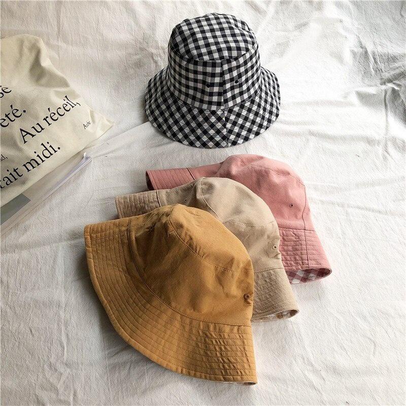 

Casual Double-faced Plaid Bucket Hats Korean Version of Summer Lovely Sunshade Sunscreen Fisherman Hat Dome Basin Hat 56-58cm темно-синий