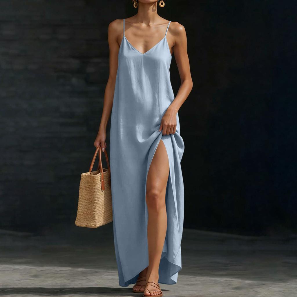 Women’s Sleeveless Maxi Dress with Adjustable Spaghetti Straps and Side Slit Relaxed Fit Long Sundress for Summer Beachwear